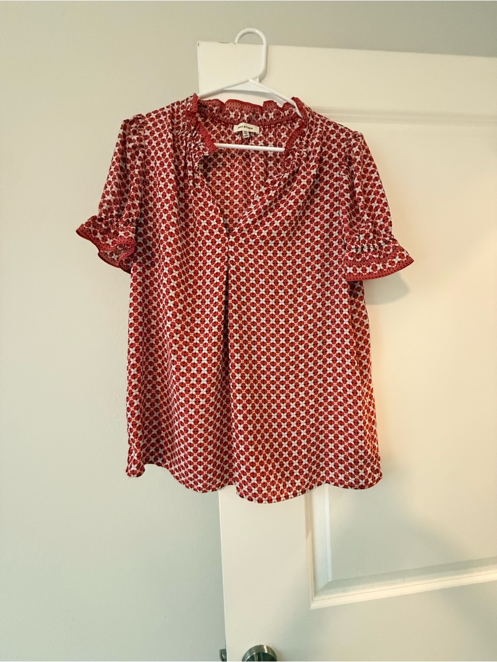 Max Studio Red Geometric Short Sleeve Blouse